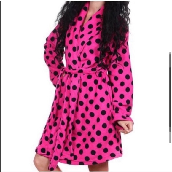 Victoria’s Secret Pink women’s polka dot hot pink plush robe size XS/S cozy warm - Picture 4 of 10